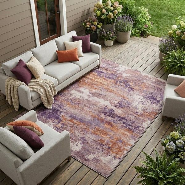 8 Ft X 10 Ft Plum Purple Abstract Polyester Rug Washable for Indoor Outdoor Use