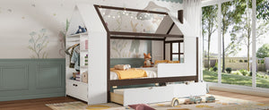 English Elm Twin House Frame Bed Pine Wood with Storage Drawers and Shelves for Kids Bedroom W1580S00573