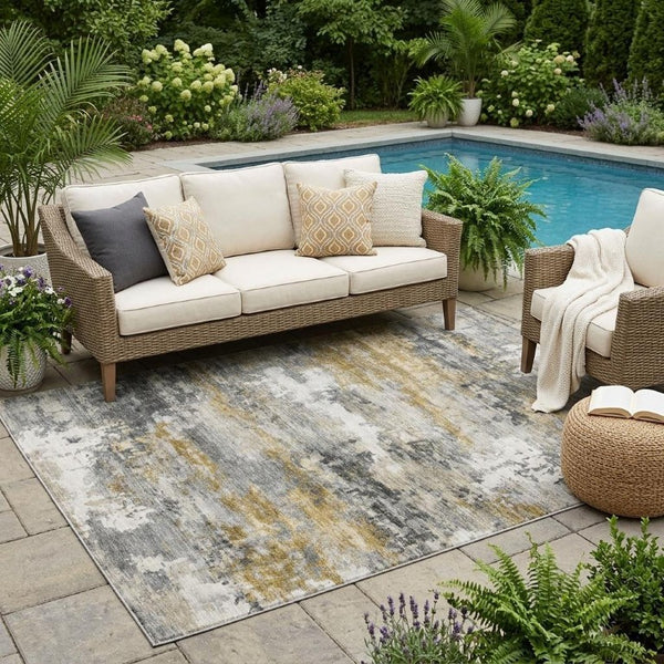 5x8 Pewter Gray Abstract Polyester Area Rug Stain Resistant for Indoor Outdoor Use