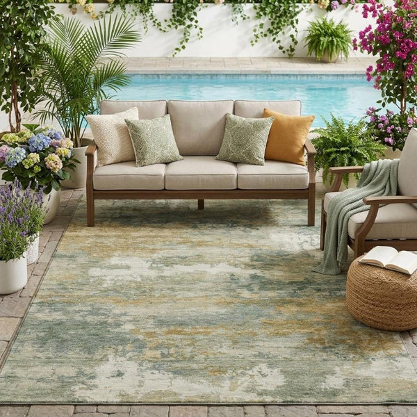 5 X 8 Sage Green Abstract Polyester Area Rug Washable for Patio Porch or Living Room