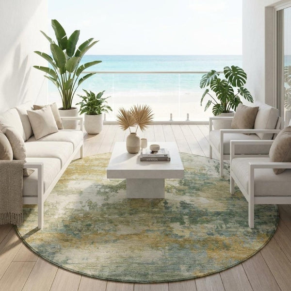 8 Foot Round Abstract Sage Washable Polyester Rug for Patio Kitchen or Family Room