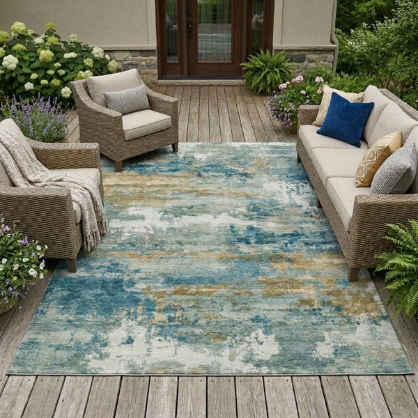8 X 10 Teal Abstract Polyester Area Rug Washable Stain Resistant for Patio
