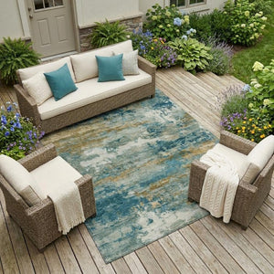 10 X 14 Teal Green Abstract Polyester Area Rug Washable for Patio or Living Room