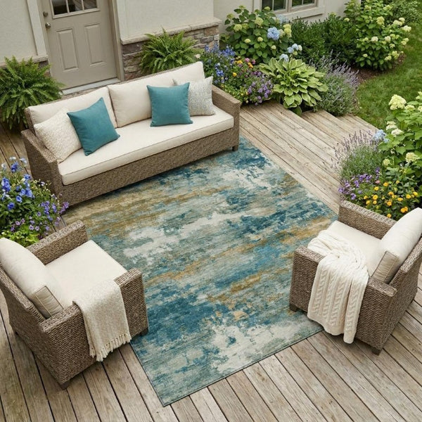10 X 14 Teal Green Abstract Polyester Area Rug Washable for Patio or Living Room