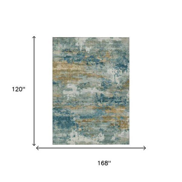 10 X 14 Teal Green Abstract Polyester Area Rug Washable for Patio or Living Room