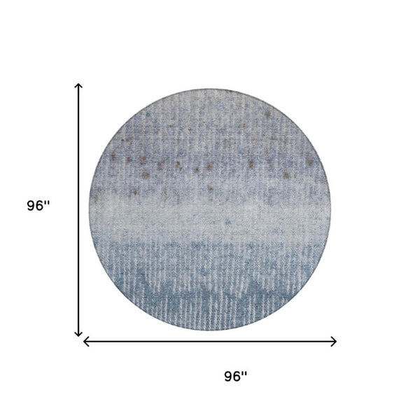 8 Ft Round Abstract Polyester Area Rug Washable Blue Silver Patio or Family Room