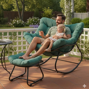 English Elm Dark Wicker Egg Rocking Chair with Ottoman Outdoor Pe Woven Patio Lounge Set Green B082P455172