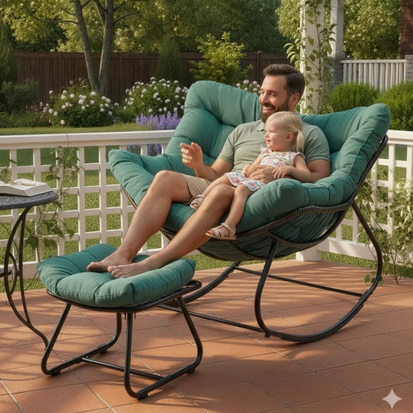 English Elm Dark Wicker Egg Rocking Chair with Ottoman Outdoor Pe Woven Patio Lounge Set Green B082P455172
