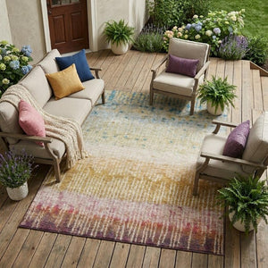 9 X 12 Gold Beige Abstract Polyester Area Rug Stain Resistant Indoor Outdoor