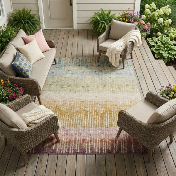 10 X 14 Gold Beige Abstract Polyester Area Rug Washable for Indoor Outdoor Use
