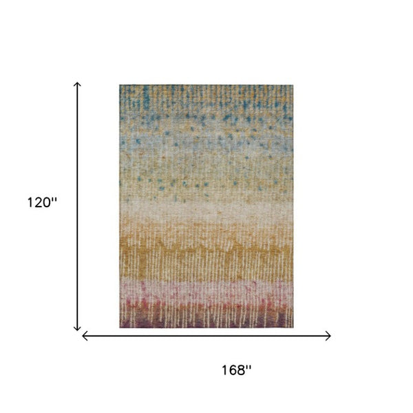 10 X 14 Gold Beige Abstract Polyester Area Rug Washable for Indoor Outdoor Use