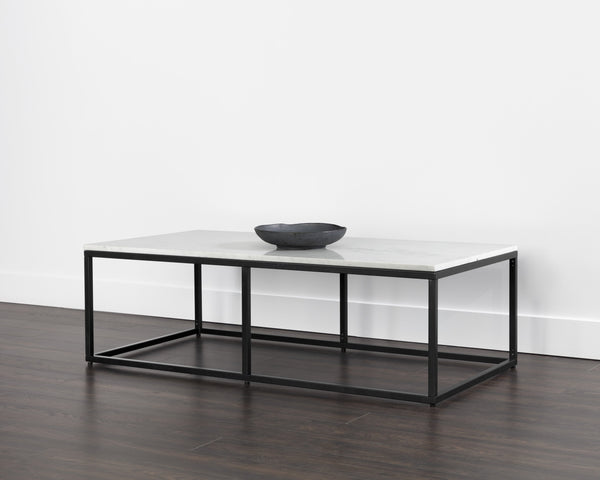 Sunpan Ellery Modern Coffee Table - White Polished Marble Top with Matte Black Steel Base, Handcrafted Elegance