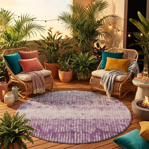 8 Foot Round Abstract Polyester Area Rug Purple Washable Indoor Outdoor Patio