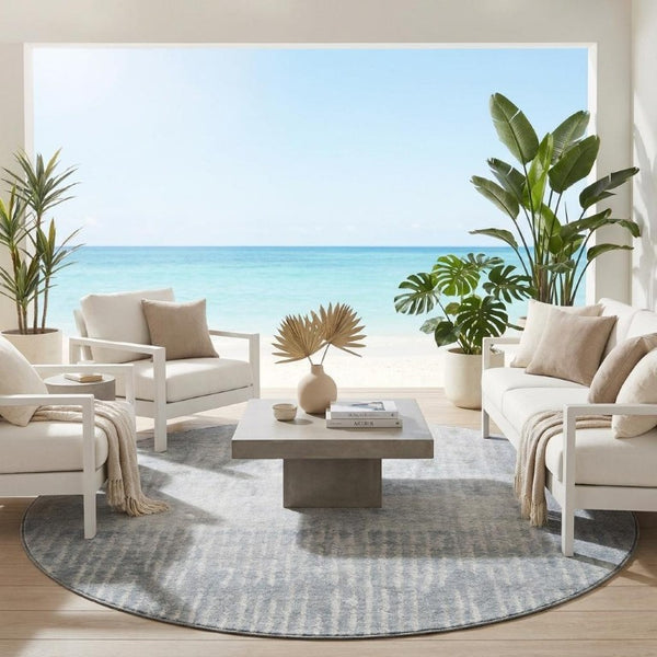 8 Foot Round Abstract Sage Polyester Area Rug Washable for Patio or Family Room