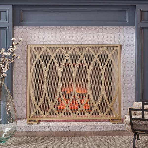 English Elm Christopher Knight Home® - FIRE Screen Junior Modern Single Panel Iron Fireplace Screen Gold Finish — Protective Mesh, Chic Accent and Easy Assembly (39.75" W) 65181.00GLD