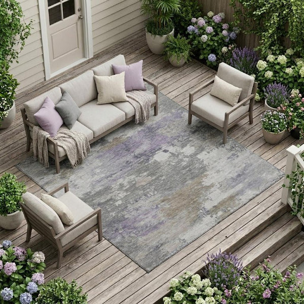 9 X 12 Abstract Gray Silver Washable Polyester Rug for Indoor Outdoor Spaces
