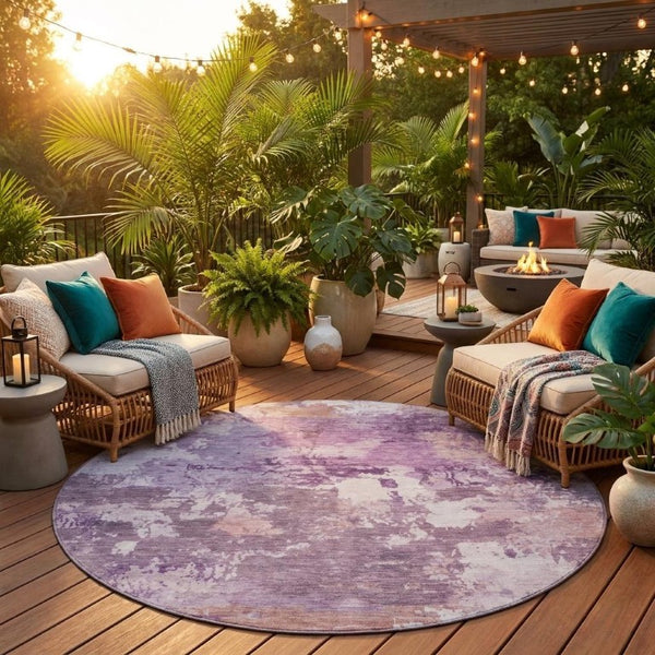 8 Foot Round Abstract Polyester Area Rug Washable Plum Purple Outdoor Safe