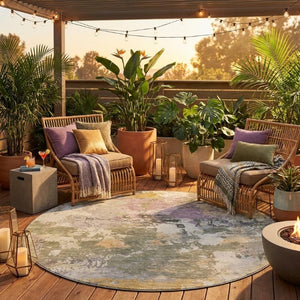 8 Ft Round Sage Green Abstract Polyester Rug Washable for Indoor Outdoor Use