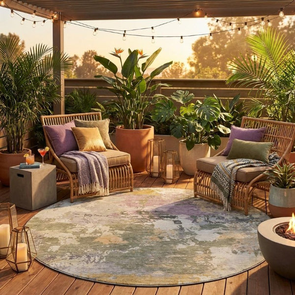8 Ft Round Sage Green Abstract Polyester Rug Washable for Indoor Outdoor Use