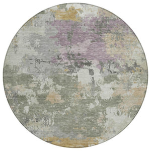 HomeRoots 8 Ft Round Sage Green Abstract Polyester Rug Washable for Indoor Outdoor Use 742537
