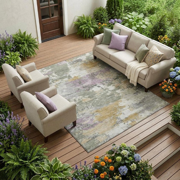 9 X 12 Sage Green Abstract Polyester Area Rug Washable for Patio or Living Room