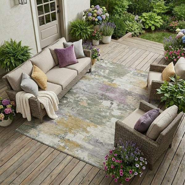 10 X 14 Sage Green Abstract Polyester Area Rug Washable for Patio or Living Room