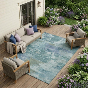 8x10 Teal Silver Abstract Polyester Area Rug Washable for Patio Porch or Living Room