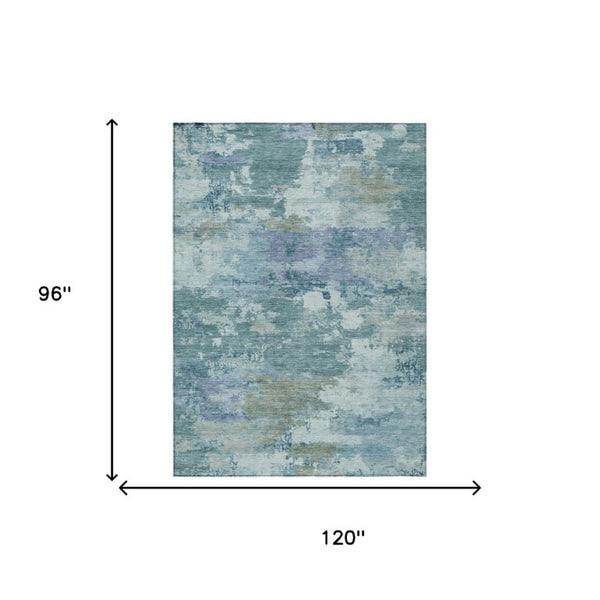 8x10 Teal Silver Abstract Polyester Area Rug Washable for Patio Porch or Living Room