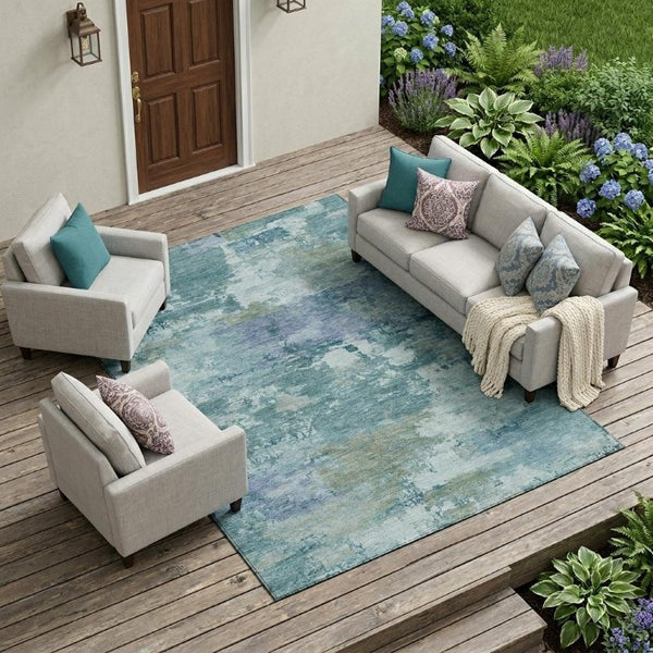 10 X 14 Teal Silver Abstract Polyester Washable Rug for Patio Porch or Living Room