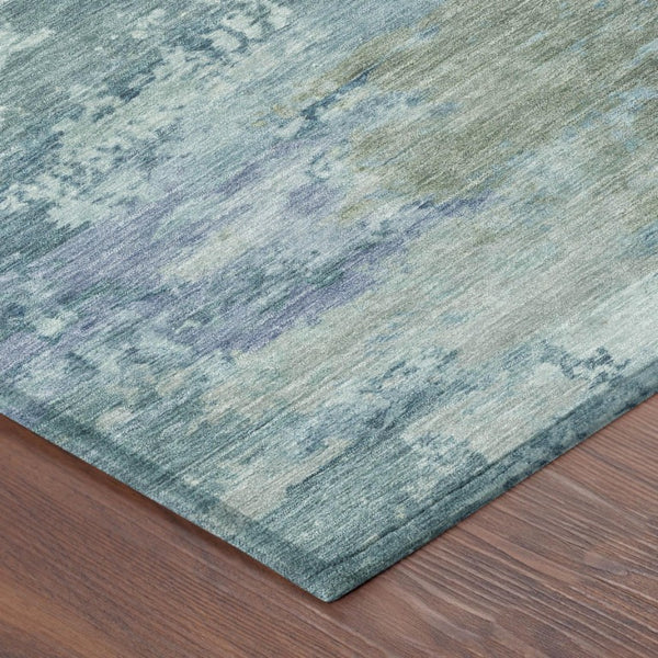 10 X 14 Teal Silver Abstract Polyester Washable Rug for Patio Porch or Living Room