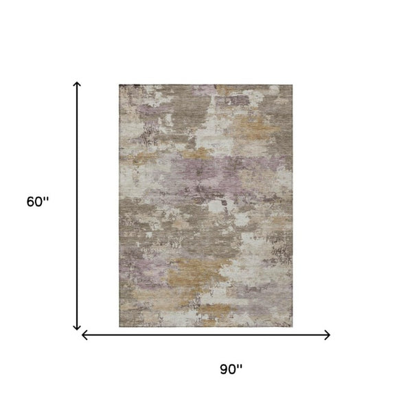 5x8 Taupe Brown Abstract Polyester Area Rug Washable Stain Resistant Indoor Outdoor