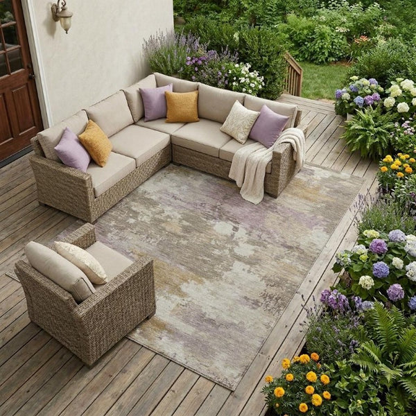 8 Ft X 10 Ft Taupe Brown Abstract Polyester Washable Rug for Patio or Living Room