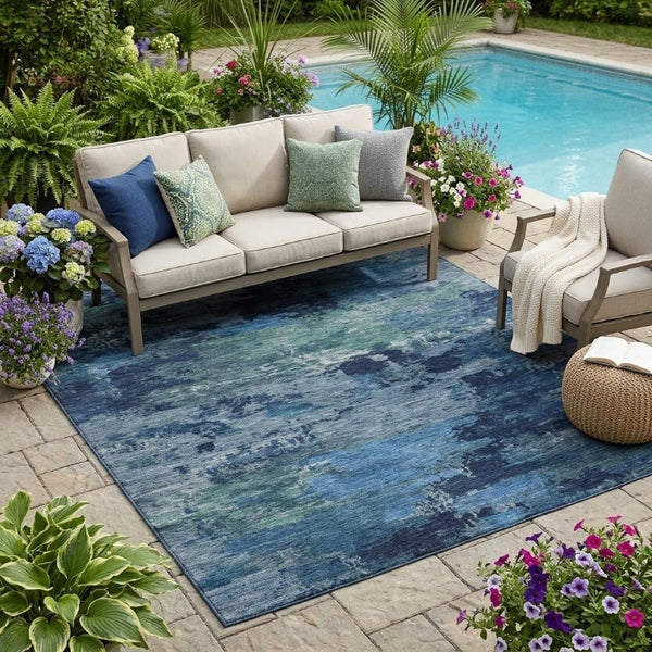 5 X 8 Abstract Blue Polyester Area Rug Washable Stain Resistant Indoor Outdoor