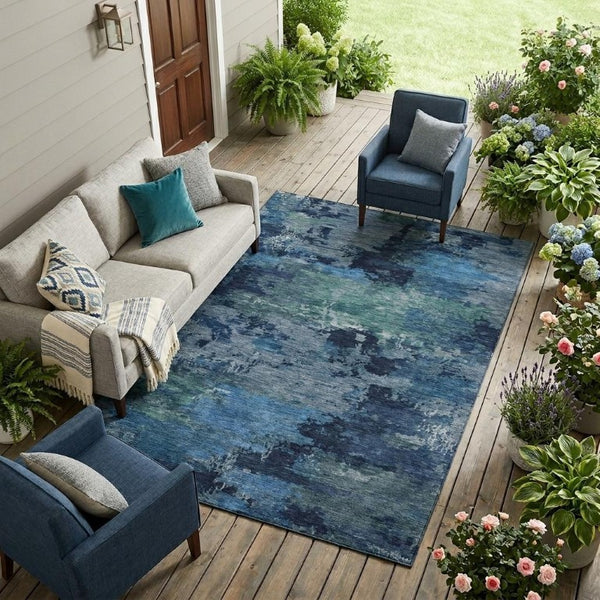 8 X 10 Blue Abstract Polyester Area Rug Washable for Indoor Outdoor Living
