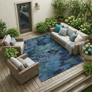 10 Ft X 14 Ft Abstract Polyester Area Rug Washable Indoor Outdoor Blue Tones