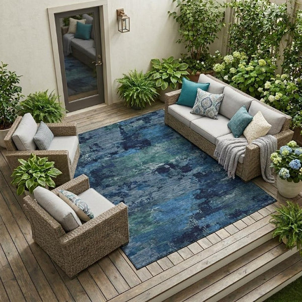 10 Ft X 14 Ft Abstract Polyester Area Rug Washable Indoor Outdoor Blue Tones