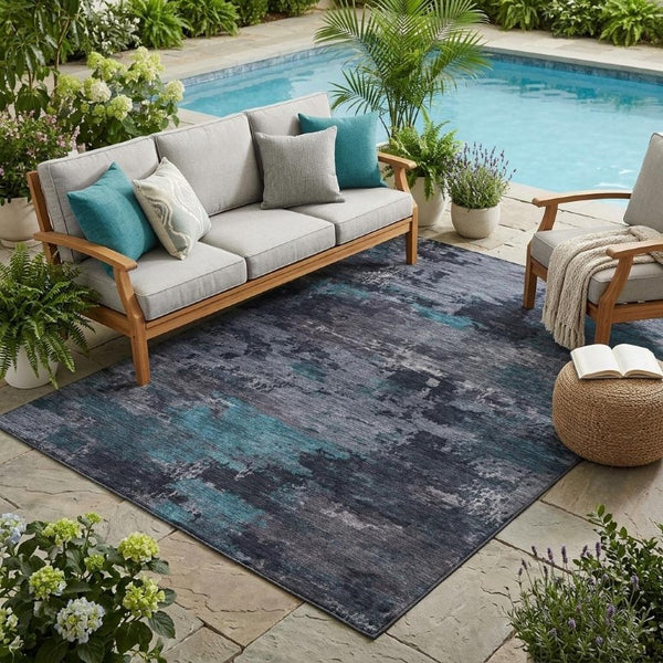 5x8 Teal Graphite Abstract Polyester Area Rug Stain Resistant for Patio or Living Room