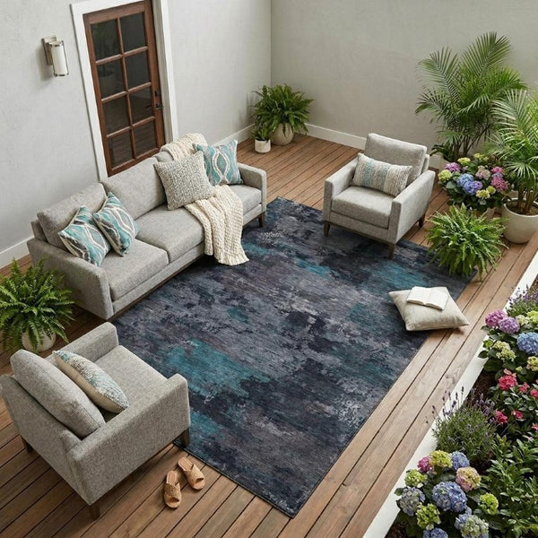 8 Ft X 10 Ft Teal Graphite Abstract Polyester Washable Rug for Patio or Living Room