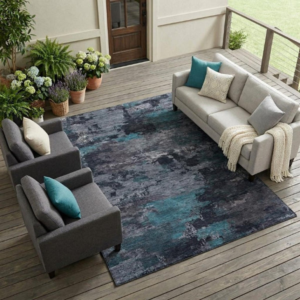 9 X 12 Teal Graphite Abstract Polyester Area Rug Washable for Patio or Living Room