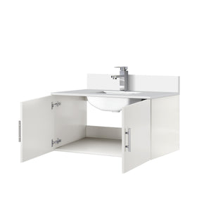 English Elm Glossy 36 in White Bath Vanity with Quartz Top, Soft-Close Storage & Chrome Monte Faucet Set B2731P258633