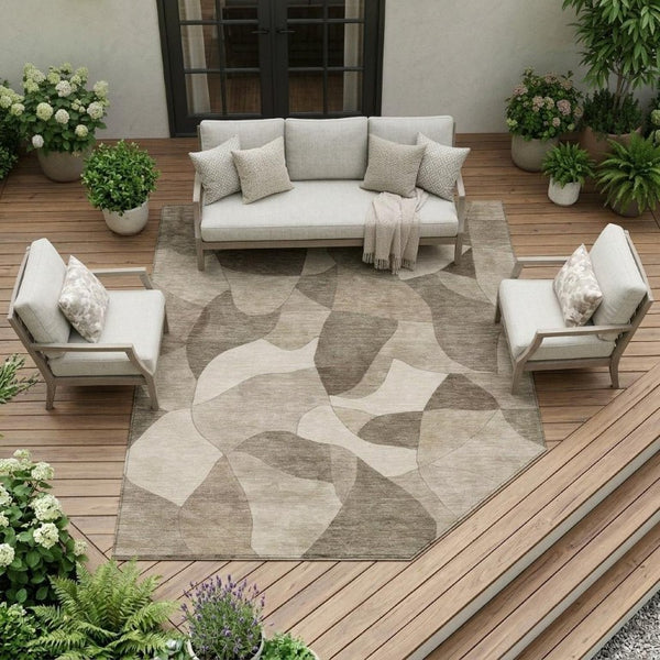 8x10 Abstract Beige Brown Washable Polyester Rug for Indoor Outdoor Living Spaces