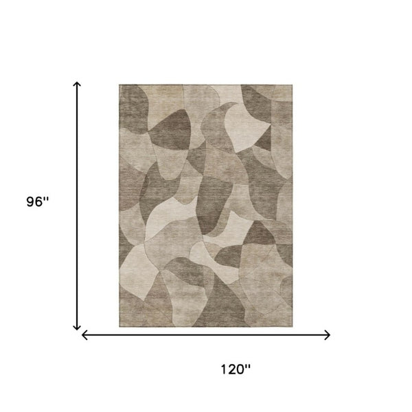 8x10 Abstract Beige Brown Washable Polyester Rug for Indoor Outdoor Living Spaces