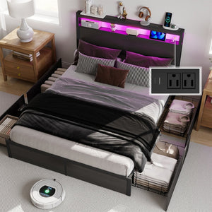 English Elm Queen Metal Platform Bed with Rgb Led Headboard Charging Station and Underbed Storage T3963P483012