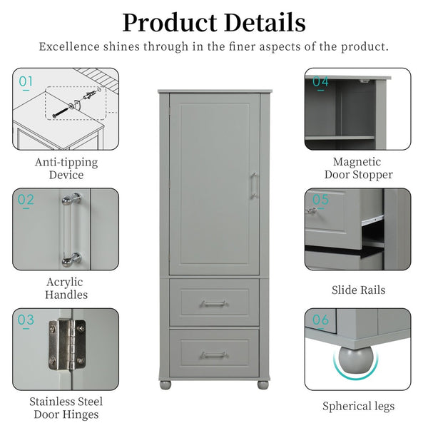 English Elm Tall Freestanding Bathroom Cabinet Two Drawers Adjustable Shelves Matte Mdf Storage Grey N725P407739E