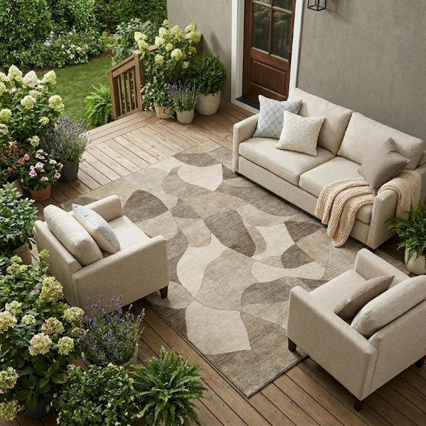 10 X 14 Abstract Beige Brown Polyester Area Rug Washable for Patio and Living Room