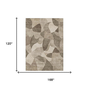 10 X 14 Abstract Beige Brown Polyester Area Rug Washable for Patio and Living Room