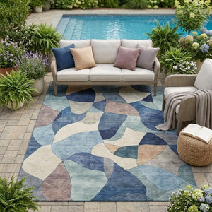 5 X 8 Abstract Navy Blue Washable Polyester Rug for Indoor Outdoor Living Spaces