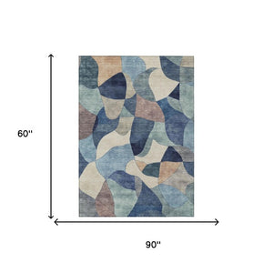 5 X 8 Abstract Navy Blue Washable Polyester Rug for Indoor Outdoor Living Spaces