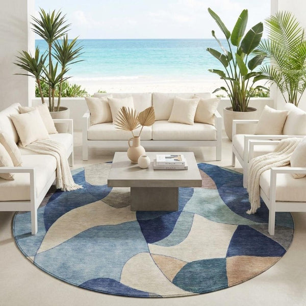 8 Ft Round Abstract Polyester Area Rug Washable Indoor Outdoor Geometric Blue