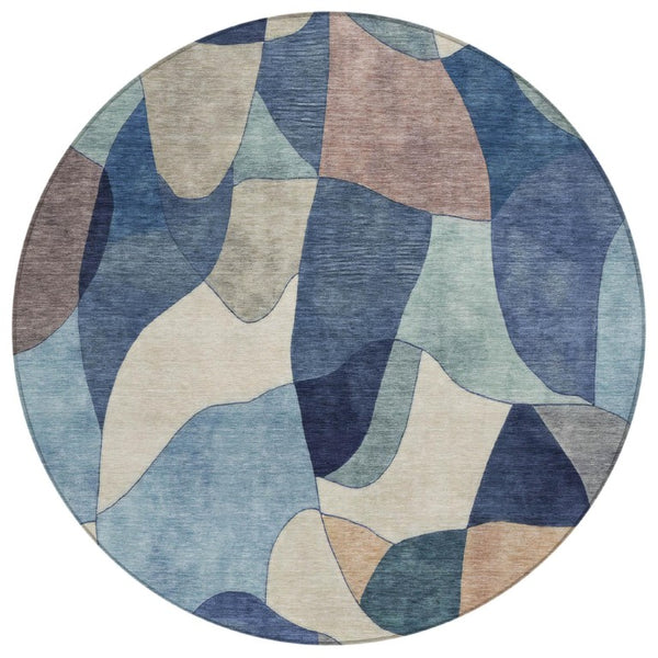 HomeRoots 8 Ft Round Abstract Polyester Area Rug Washable Indoor Outdoor Geometric Blue 742609